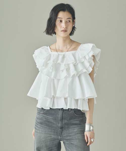 Curensology（カレンソロジー）の「Curensology(カレンソロジー)/ポプリンラッフルブラウス（シャツ/ブラウス・レディース・ホワイト/チャコールグレー/クリーム・FREE）」の4枚目の写真