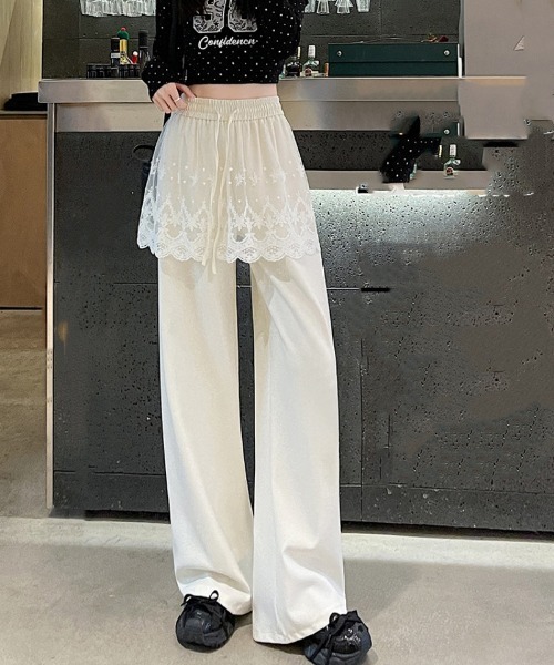 セール】フェイクレイヤード シアー レースドッキングスカート ワイド