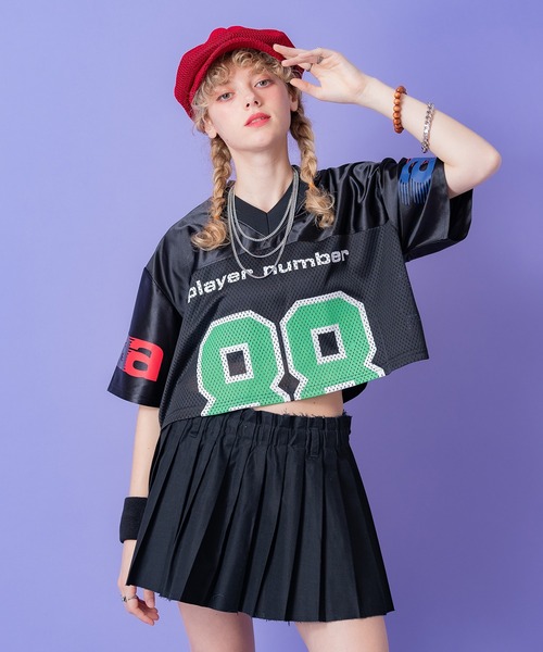 a.p.o.v.（エーピーオービー）の「a.p.o.v. クロップド丈メッシュカットナンバリングフットボールシャツ（Tシャツ/カットソー・メンズ・ブラック/ブルー/グレー/ピンク・ONESIZE）」の2枚目の写真