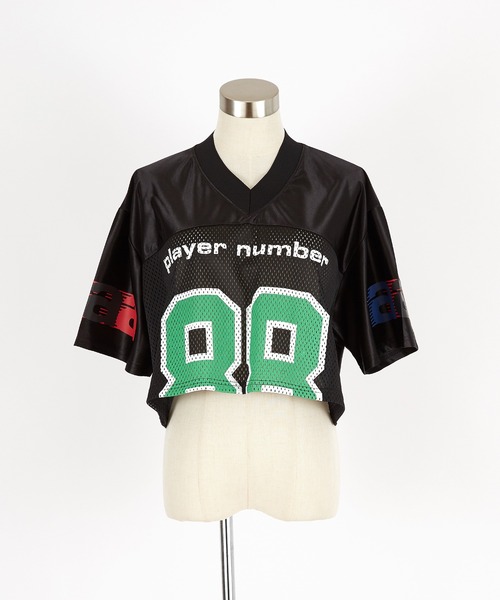 a.p.o.v.（エーピーオービー）の「a.p.o.v. クロップド丈メッシュカットナンバリングフットボールシャツ（Tシャツ/カットソー・メンズ・ブラック/ブルー/グレー/ピンク・ONESIZE）」の14枚目の写真