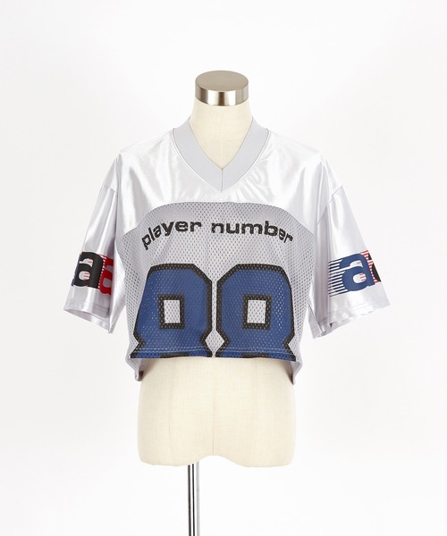 a.p.o.v.（エーピーオービー）の「a.p.o.v. クロップド丈メッシュカットナンバリングフットボールシャツ（Tシャツ/カットソー・メンズ・ブラック/ブルー/グレー/ピンク・ONESIZE）」の15枚目の写真