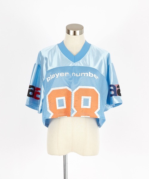 a.p.o.v.（エーピーオービー）の「a.p.o.v. クロップド丈メッシュカットナンバリングフットボールシャツ（Tシャツ/カットソー・メンズ・ブラック/ブルー/グレー/ピンク・ONESIZE）」の16枚目の写真