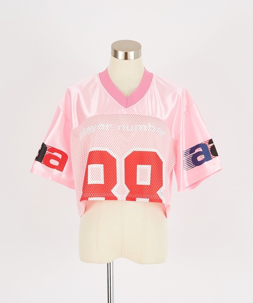 a.p.o.v.（エーピーオービー）の「a.p.o.v. クロップド丈メッシュカットナンバリングフットボールシャツ（Tシャツ/カットソー・メンズ・ブラック/ブルー/グレー/ピンク・ONESIZE）」の17枚目の写真