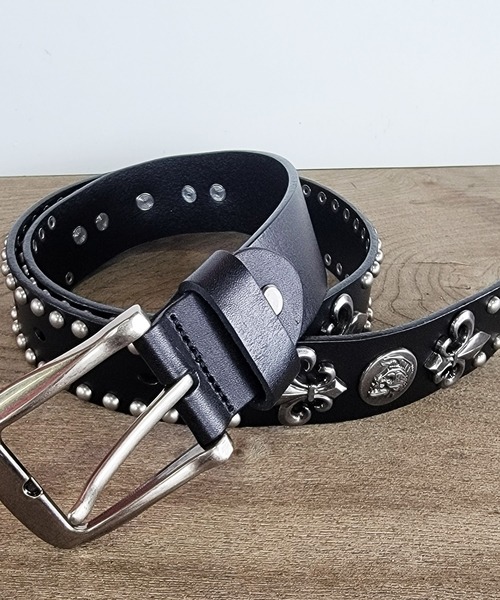 スタッズ　レザー　ベルト　ハンドメイド　beli-11 牛革 本革 栃木レザー スタッズベルト 鋲ベルト ターコイズ 黒
