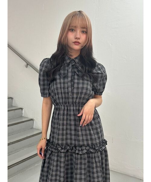 セール】ヘムフリルチェックロングシャツワンピース（ワンピース