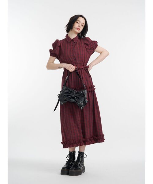 上品スタイル ヘムフリルチェックロングシャツワンピース（ワンピース ワンピース