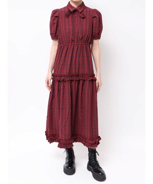 ヘムフリルチェックロングシャツワンピース（ワンピース
