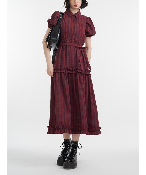 jouetie（ジュエティ）の「ヘムフリルチェックロングシャツワンピース（ワンピース・レディース・レッド/グレー/ブラック・MEDIUM）」の3枚目の写真