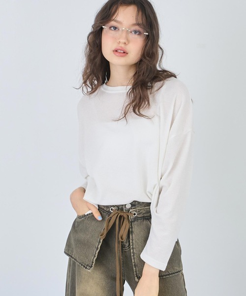 セール】クルーネック ワッフル ロングスリーブ Tシャツ 長袖（T