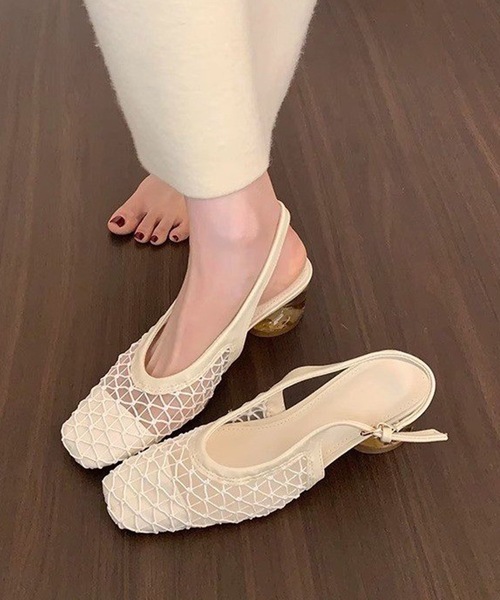 セール】シアー メッシュ スクエアトゥ バックスリング パンプス