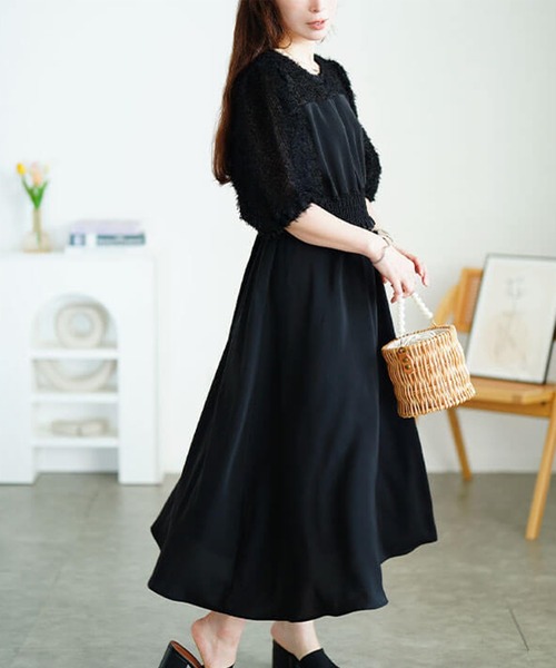 セール】シャギー切り替えシャーリングワンピース【大きいサイズ対応