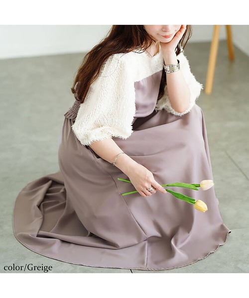 セール】シャギー切り替えシャーリングワンピース【大きいサイズ対応