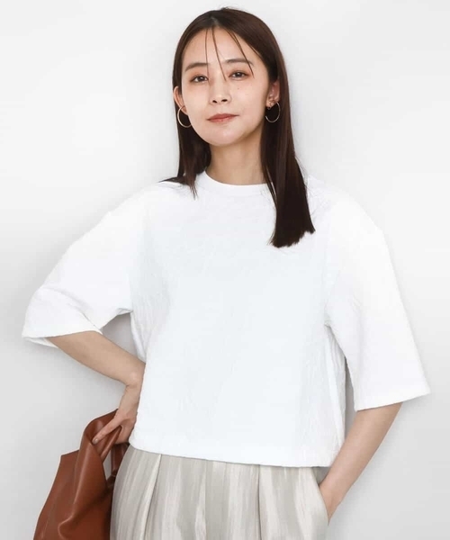 MK MICHEL KLEIN(エムケーミッシェルクラン)の「フクレジャガード五分袖プルオーバー/洗える(Tシャツ/カットソー・レディース・グレー/ホワイト・38)」の3枚目の写真