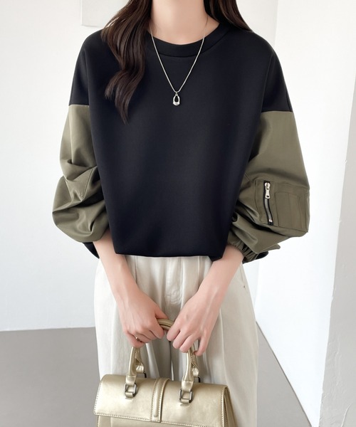 ABITOKYO(アビトーキョー)の「異素材スリーブ切替プルオーバー(スウェット・レディース・グレー/カーキ/ブラック・XL/L/M)」の1枚目の写真