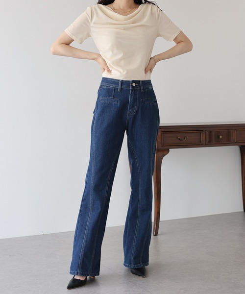 BLUEEAST（ブルーイースト）の「ハイウエストバックリボンワイドデニムパンツ（デニムパンツ・レディース・ネイビー・MEDIUM/LARGE）」の5枚目の写真