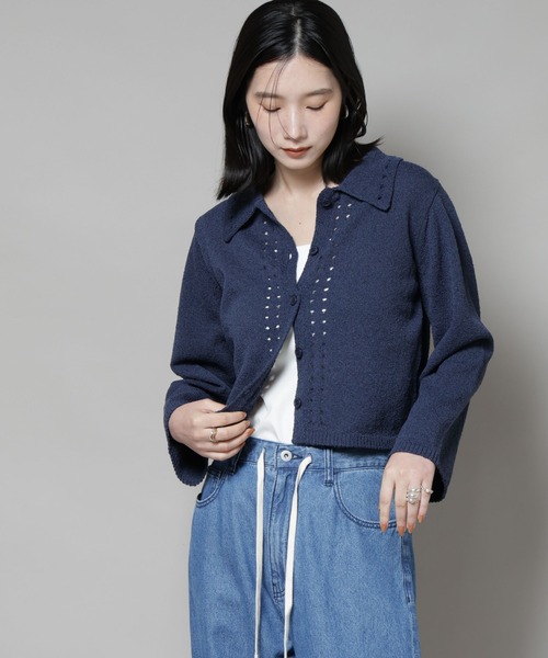 セール】衿付アイレットクロップドニットカーディガン（カーディガン