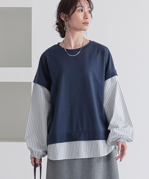 n'OrLABEL(ノアールレーベル)の「【汗じみ防止】ストライプ異素材切替カットソー(Tシャツ/カットソー・レディース・ボルドー/ネイビー/ブラック・FREE)」の3枚目の写真