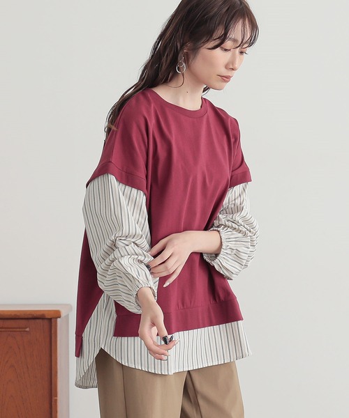 n'OrLABEL(ノアールレーベル)の「【汗じみ防止】ストライプ異素材切替カットソー(Tシャツ/カットソー・レディース・ボルドー/ネイビー/ブラック・FREE)」の1枚目の写真