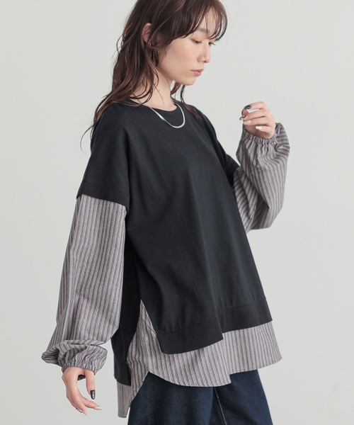 n'OrLABEL(ノアールレーベル)の「【汗じみ防止】ストライプ異素材切替カットソー(Tシャツ/カットソー・レディース・ボルドー/ネイビー/ブラック・FREE)」の2枚目の写真