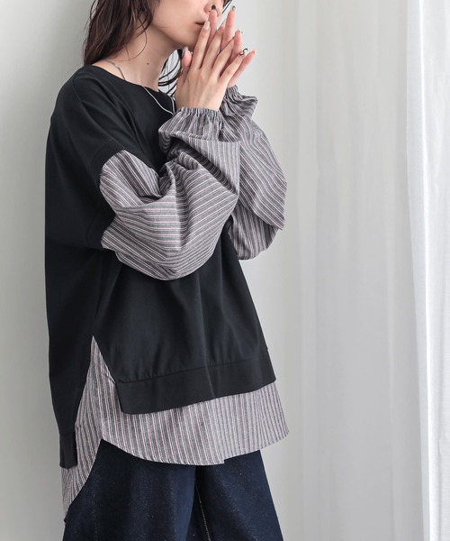 n'OrLABEL(ノアールレーベル)の「【汗じみ防止】ストライプ異素材切替カットソー(Tシャツ/カットソー・レディース・ボルドー/ネイビー/ブラック・FREE)」の7枚目の写真