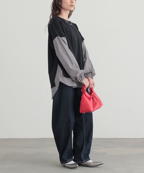n'OrLABEL(ノアールレーベル)の「【汗じみ防止】ストライプ異素材切替カットソー(Tシャツ/カットソー・レディース・ボルドー/ネイビー/ブラック・FREE)」の9枚目の写真
