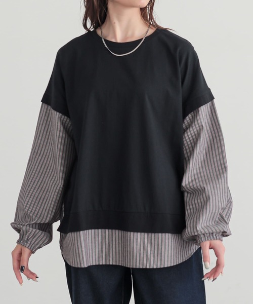 n'OrLABEL(ノアールレーベル)の「【汗じみ防止】ストライプ異素材切替カットソー(Tシャツ/カットソー・レディース・ボルドー/ネイビー/ブラック・FREE)」の6枚目の写真