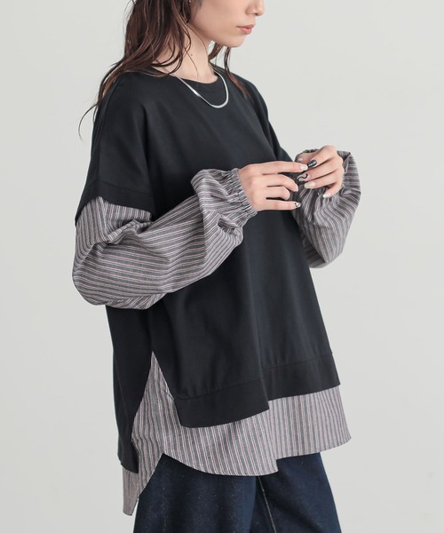 n'OrLABEL(ノアールレーベル)の「【汗じみ防止】ストライプ異素材切替カットソー(Tシャツ/カットソー・レディース・ボルドー/ネイビー/ブラック・FREE)」の5枚目の写真