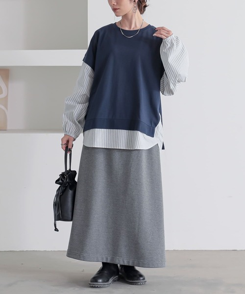 n'OrLABEL(ノアールレーベル)の「【汗じみ防止】ストライプ異素材切替カットソー(Tシャツ/カットソー・レディース・ボルドー/ネイビー/ブラック・FREE)」の12枚目の写真