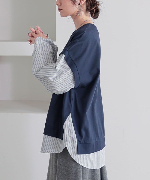 n'OrLABEL(ノアールレーベル)の「【汗じみ防止】ストライプ異素材切替カットソー(Tシャツ/カットソー・レディース・ボルドー/ネイビー/ブラック・FREE)」の11枚目の写真