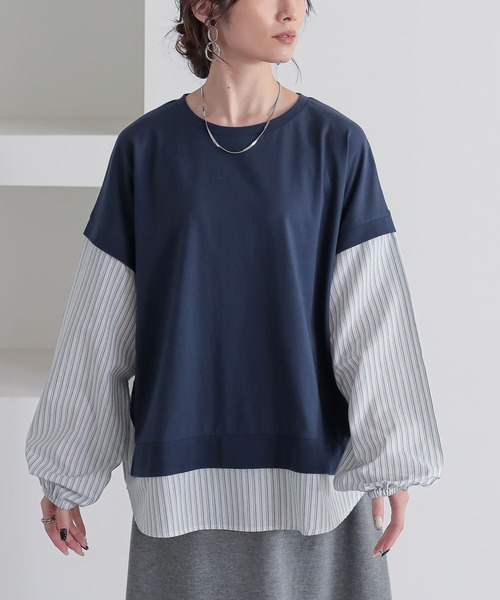 n'OrLABEL(ノアールレーベル)の「【汗じみ防止】ストライプ異素材切替カットソー(Tシャツ/カットソー・レディース・ボルドー/ネイビー/ブラック・FREE)」の10枚目の写真