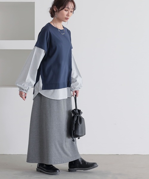 n'OrLABEL(ノアールレーベル)の「【汗じみ防止】ストライプ異素材切替カットソー(Tシャツ/カットソー・レディース・ボルドー/ネイビー/ブラック・FREE)」の14枚目の写真