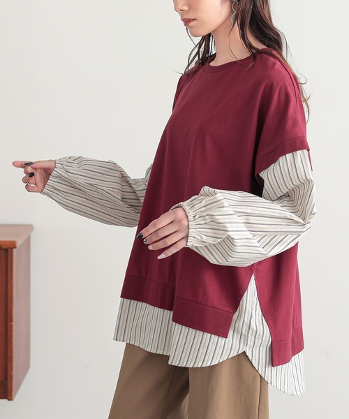 n'OrLABEL(ノアールレーベル)の「【汗じみ防止】ストライプ異素材切替カットソー(Tシャツ/カットソー・レディース・ボルドー/ネイビー/ブラック・FREE)」の16枚目の写真