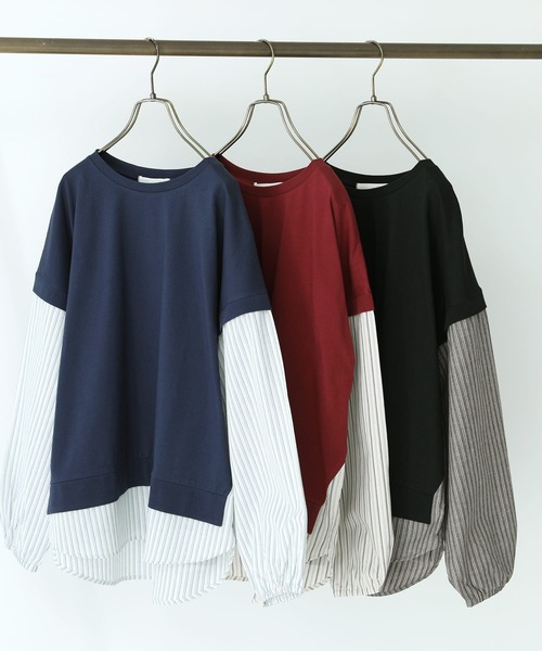 n'OrLABEL(ノアールレーベル)の「【汗じみ防止】ストライプ異素材切替カットソー(Tシャツ/カットソー・レディース・ボルドー/ネイビー/ブラック・FREE)」の4枚目の写真