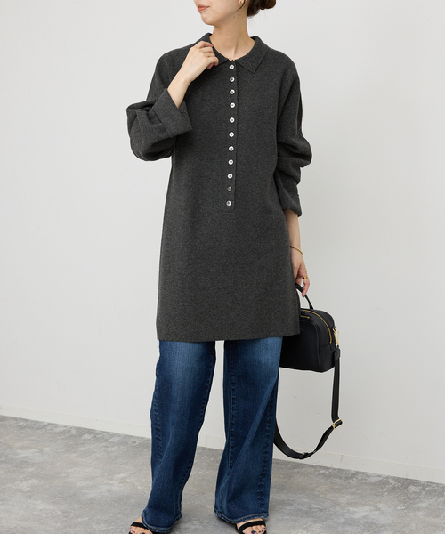 Spick & Span（スピックアンドスパン）の「ポロシャツチュニックニットワンピ（ワンピース・レディース・チャコールグレー/キャメル・FREE）」の7枚目の写真