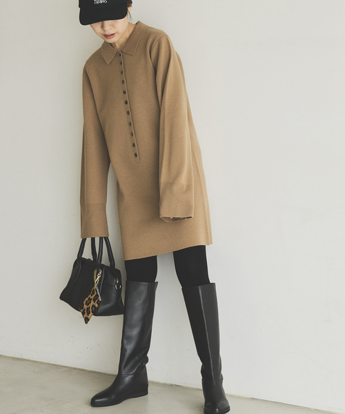 Spick & Span（スピックアンドスパン）の「ポロシャツチュニックニットワンピ（ワンピース・レディース・チャコールグレー/キャメル・FREE）」の11枚目の写真