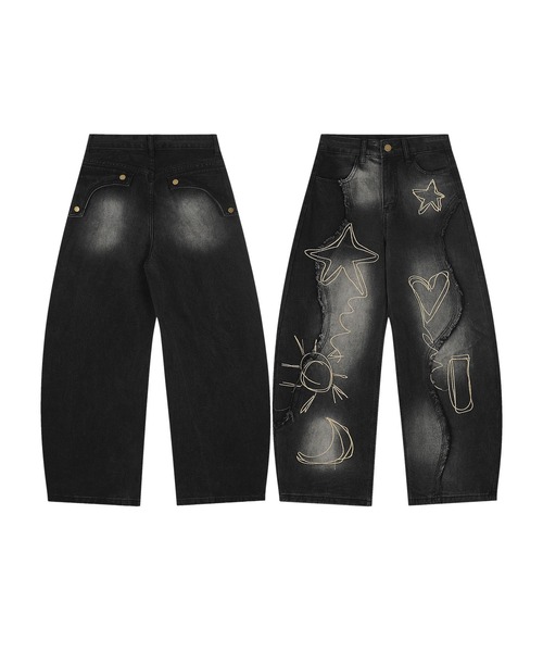 グラフィックステッチ ダメージ加工 デニムパンツ（デニムパンツ