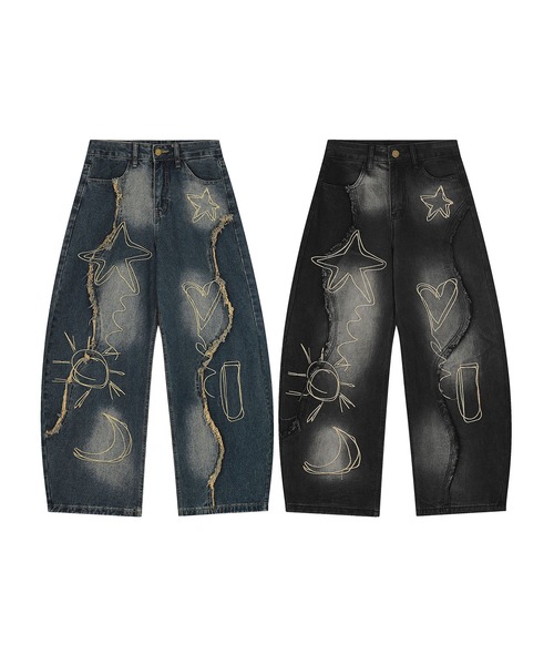 HOOK(フック)の「グラフィックステッチ ダメージ加工 デニムパンツ(デニムパンツ・メンズ・インディゴブルー/ブラック・SMALL/MEDIUM/LARGE)」の3枚目の写真