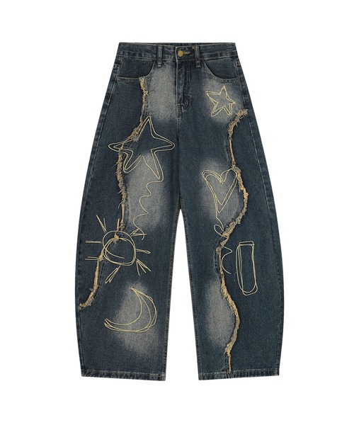 HOOK(フック)の「グラフィックステッチ ダメージ加工 デニムパンツ(デニムパンツ・メンズ・インディゴブルー/ブラック・SMALL/MEDIUM/LARGE)」の7枚目の写真