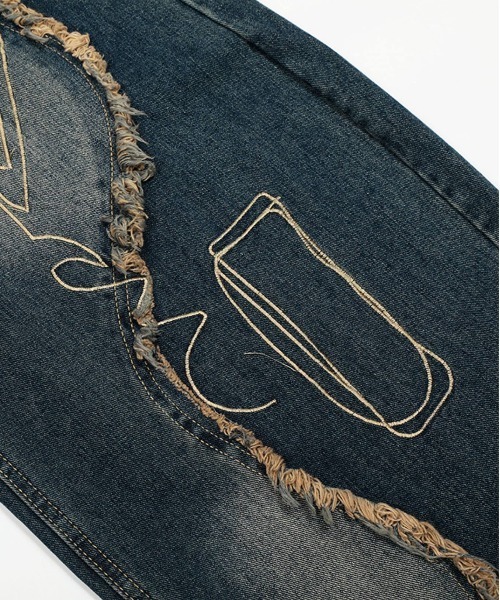 グラフィックステッチ ダメージ加工 デニムパンツ（デニムパンツ