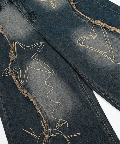 グラフィックステッチ ダメージ加工 デニムパンツ（デニムパンツ