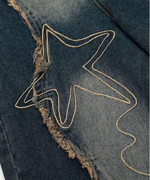 セール】グラフィックステッチ ダメージ加工 デニムパンツ（デニム