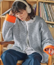 ダブルフェイス配色ノーカラーニットカーディガン杢グレー