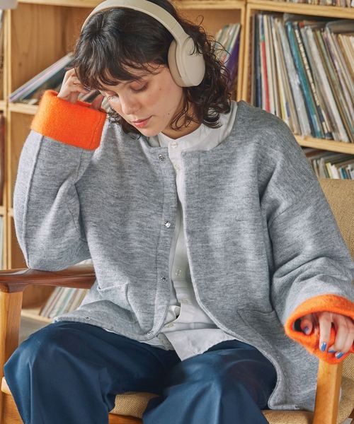 セール】ダブルフェイス配色ノーカラーニットカーディガン