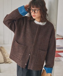 MONO-MART LADY'S | ダブルフェイス配色ノーカラーニットカーディガン(カーディガン/ボレロ)