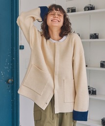 ダブルフェイス配色ノーカラーニットカーディガンアイボリー