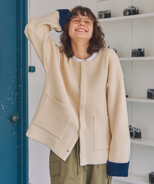 セール】ダブルフェイス配色ノーカラーニットカーディガン