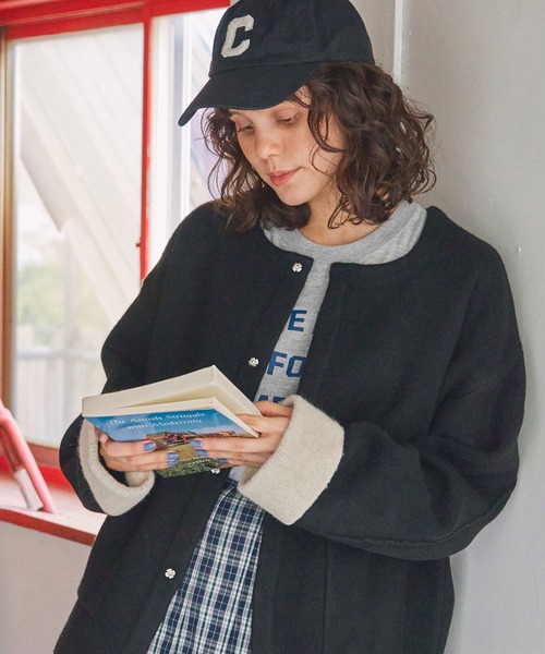 MONO-MART LADY'S（モノマートレディース）の「ダブルフェイス配色ノーカラーニットカーディガン（カーディガン/ボレロ・レディース・ブラック/アイボリー/杢グレー/ブラウン・FREE）」の3枚目の写真