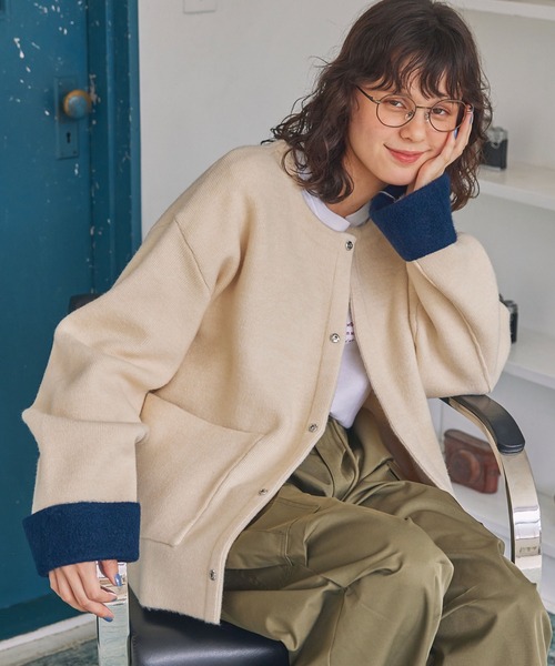 MONO-MART LADY'S（モノマートレディース）の「ダブルフェイス配色ノーカラーニットカーディガン（カーディガン/ボレロ・レディース・ブラック/アイボリー/杢グレー/ブラウン・FREE）」の17枚目の写真