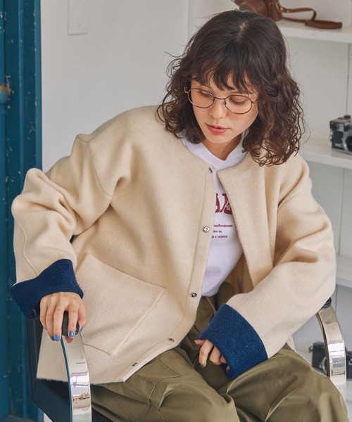 MONO-MART LADY'S（モノマートレディース）の「ダブルフェイス配色ノーカラーニットカーディガン（カーディガン/ボレロ・レディース・ブラック/アイボリー/杢グレー/ブラウン・FREE）」の18枚目の写真