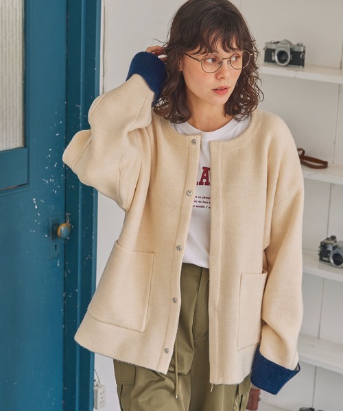 ダブルフェイス配色ノーカラーニットカーディガン MONO-MART LADY'S